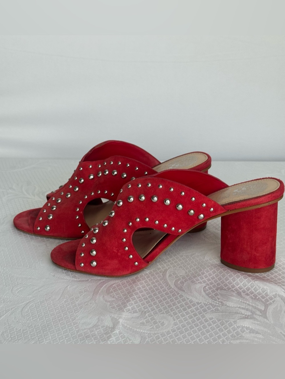 Red Studded Suede Block Heel Slide Sandals